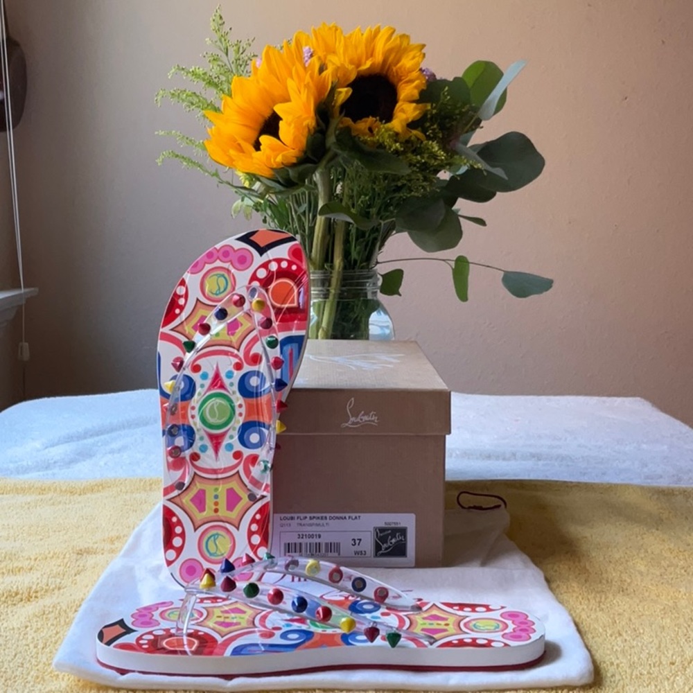 💚❤️ CHRISTIAN LOUBOUTIN LOUBI FLIP SPIKES DONNA - Picture 8 of 16